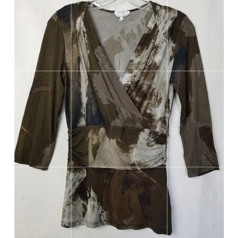 Max Mara Brown Abstract Print Knit Blouse Womens Small Pleated V-neck Stretch